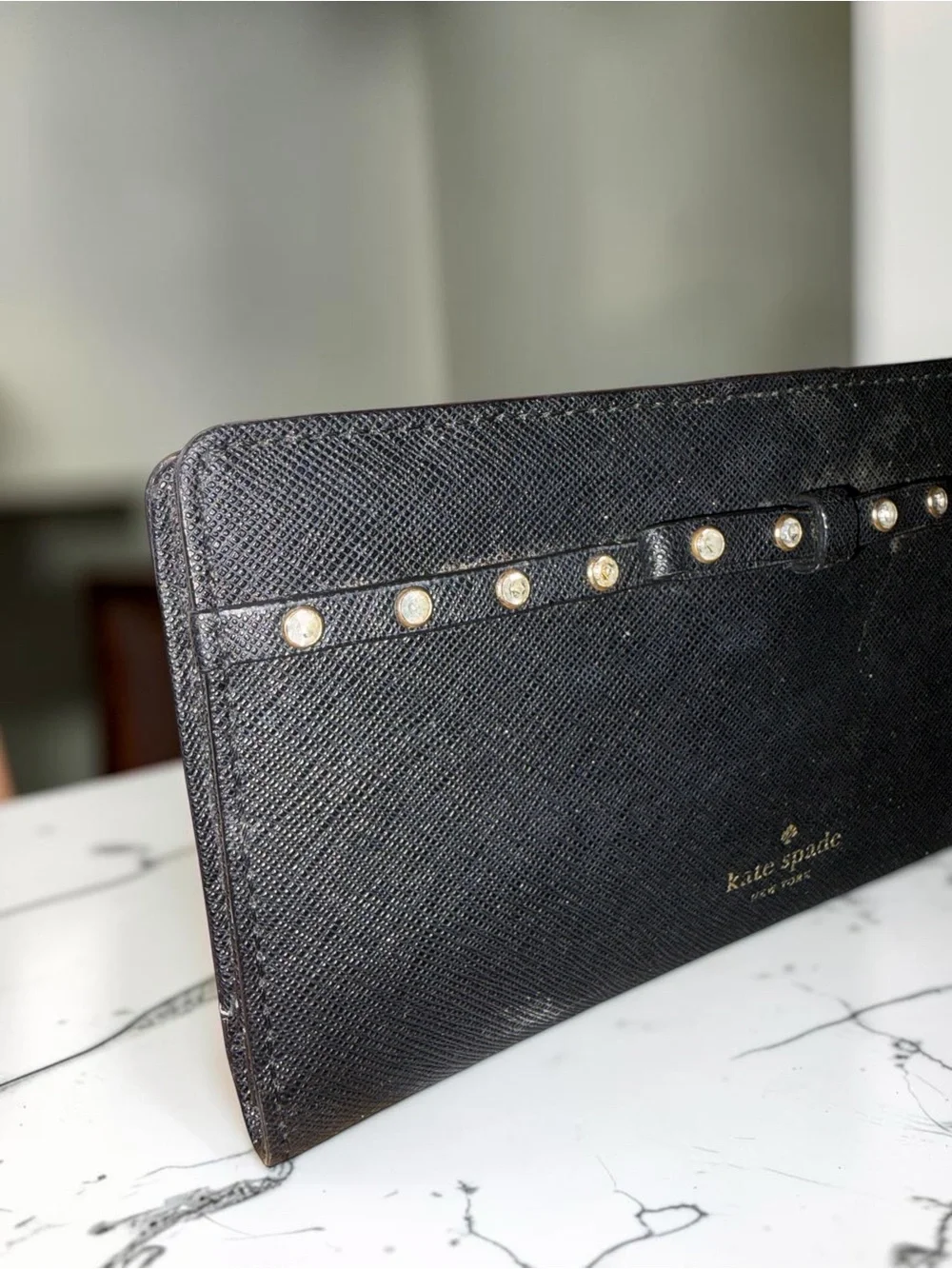 kate spade Black Saffiano Leather wallet with gem -Stud Bow Trim
